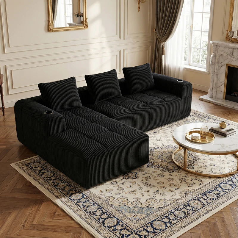 Canapé d'angle 3 places modulable en velours côtelé noir– confort premium, poches latérales et porte-gobelets GRASSLANDSEED