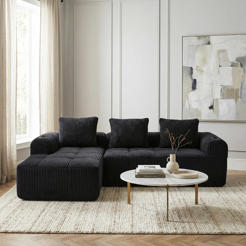 Canapé d'angle 3 places modulable en velours côtelé noir– confort premium, poches latérales et porte-gobelets GRASSLANDSEED