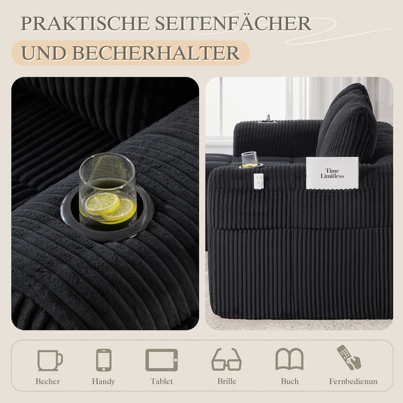 Canapé d'angle 3 places modulable en velours côtelé noir– confort premium, poches latérales et porte-gobelets GRASSLANDSEED