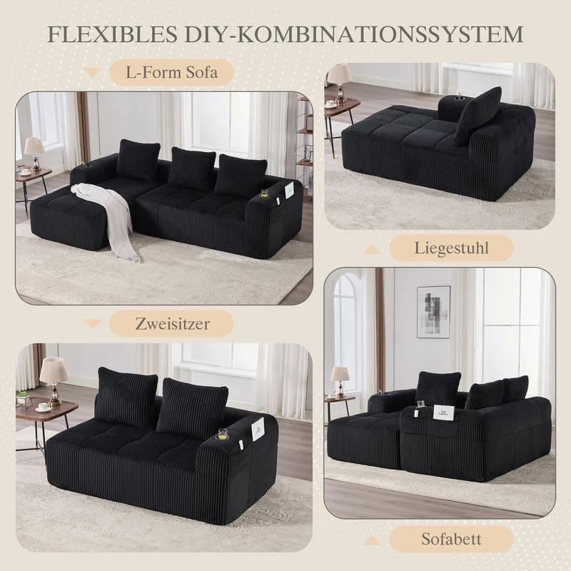 Canapé d'angle 3 places modulable en velours côtelé noir– confort premium, poches latérales et porte-gobelets GRASSLANDSEED