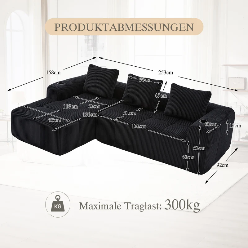 Canapé d'angle 3 places modulable en velours côtelé noir– confort premium, poches latérales et porte-gobelets GRASSLANDSEED