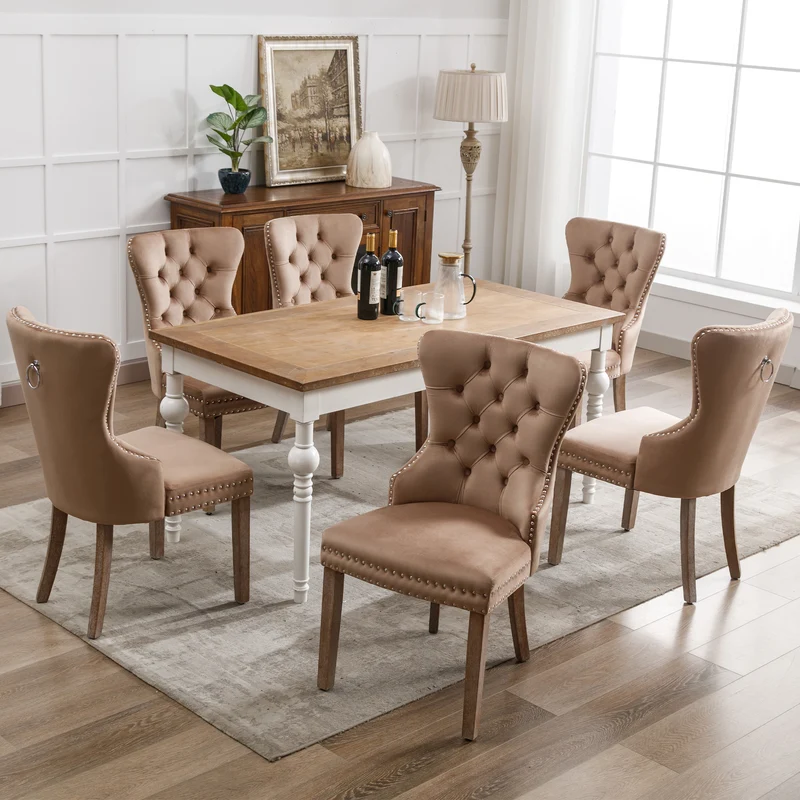 Lot de 6 chaises de salle à manger style royale capitonné velours marron pieds bois TURQAN