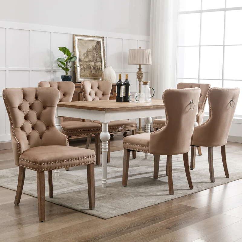 Lot de 6 chaises de salle à manger style royale capitonné velours marron pieds bois TURQAN