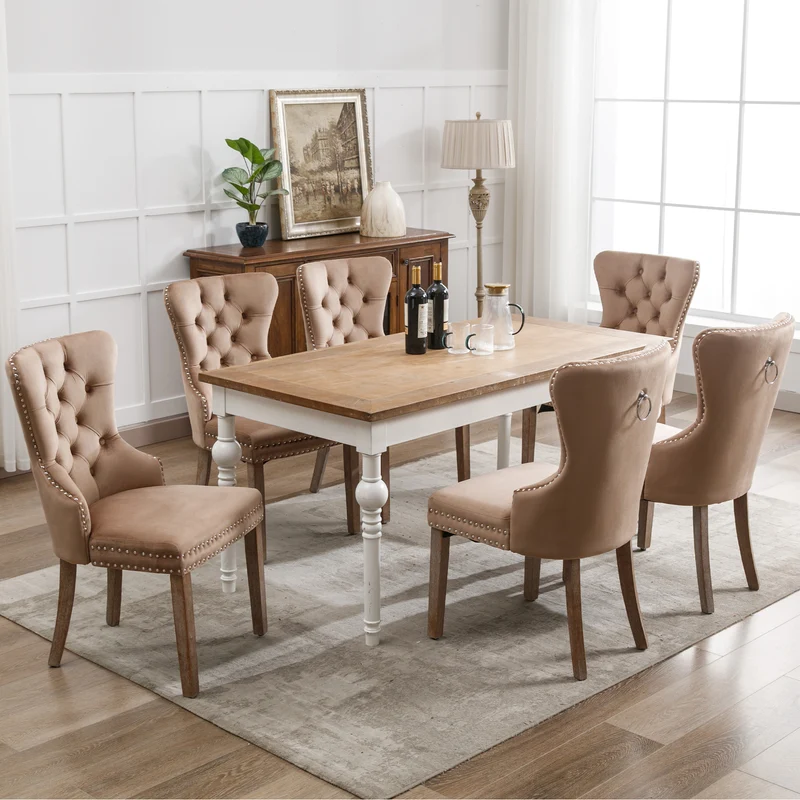 Lot de 6 chaises de salle à manger style royale capitonné velours marron pieds bois TURQAN