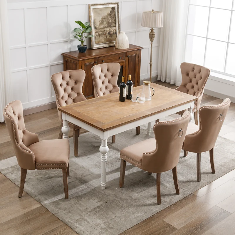 Lot de 6 chaises de salle à manger style royale capitonné velours marron pieds bois TURQAN