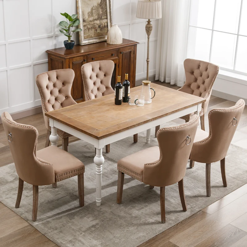 Lot de 6 chaises de salle à manger style royale capitonné velours marron pieds bois TURQAN