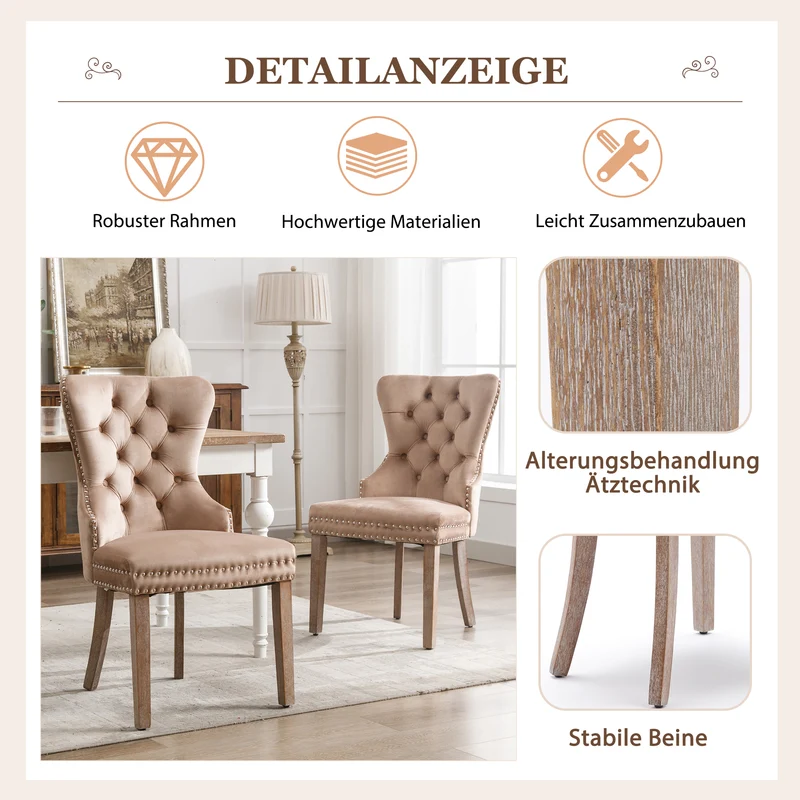 Lot de 6 chaises de salle à manger style royale capitonné velours marron pieds bois TURQAN