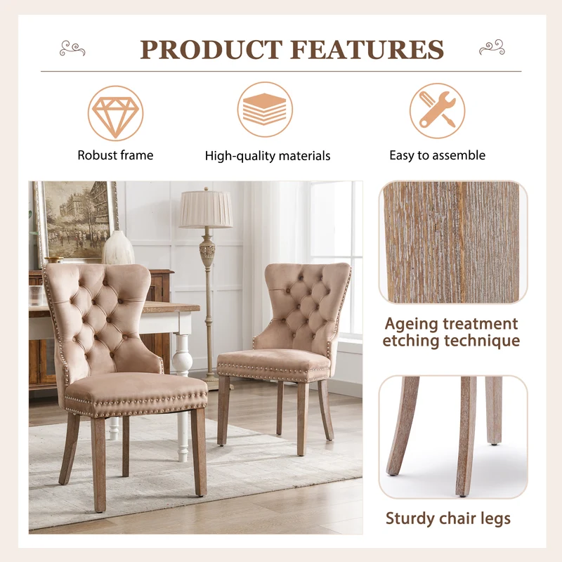 Lot de 6 chaises de salle à manger style royale capitonné velours marron pieds bois TURQAN