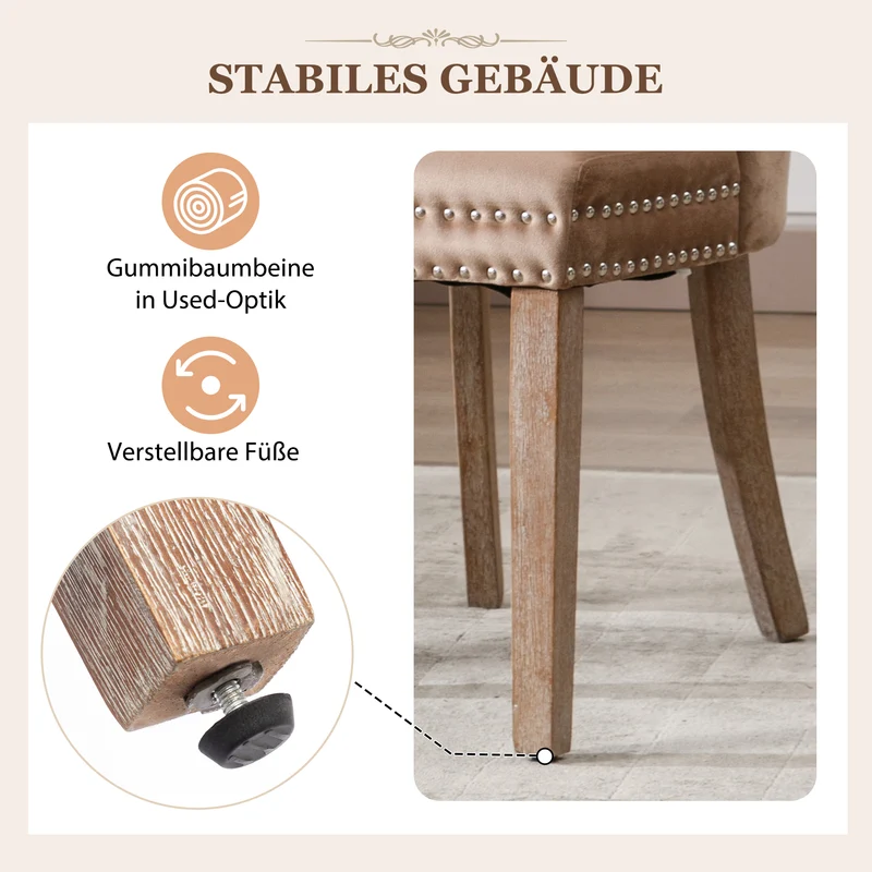 Lot de 6 chaises de salle à manger style royale capitonné velours marron pieds bois TURQAN