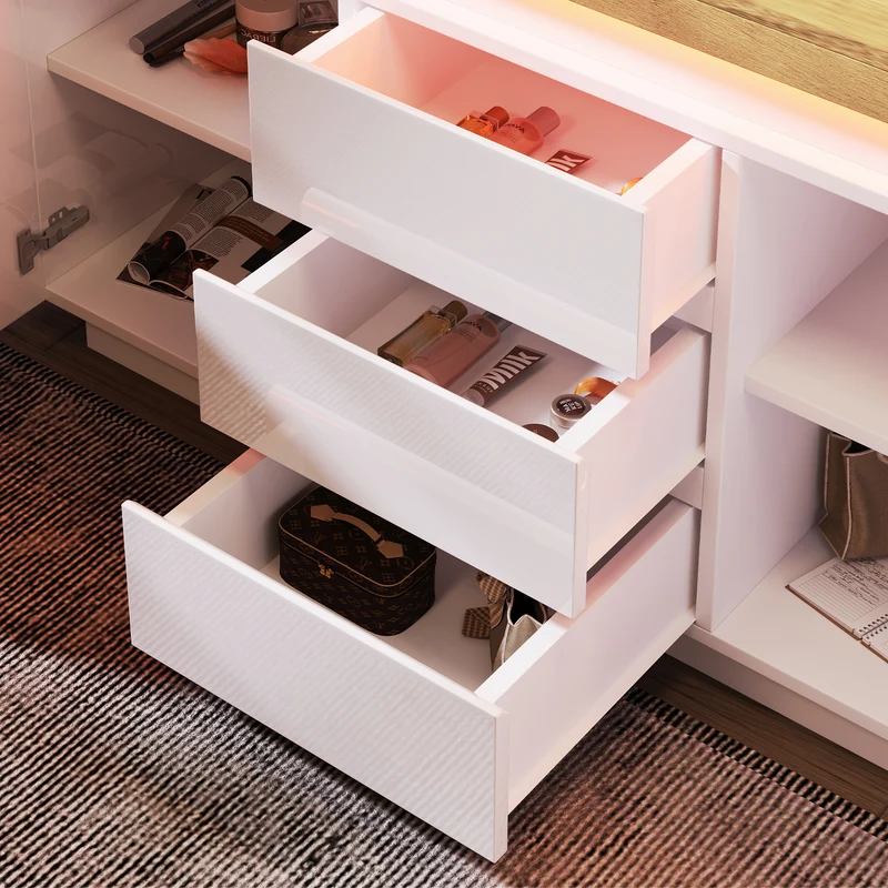 Buffet moderne blanc brillant avec éclairage LED réglable, 2 portes et 3 tiroirs COENOSTEUM