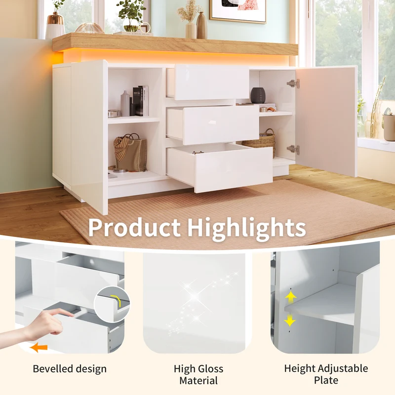 Buffet moderne blanc brillant avec éclairage LED réglable, 2 portes et 3 tiroirs COENOSTEUM
