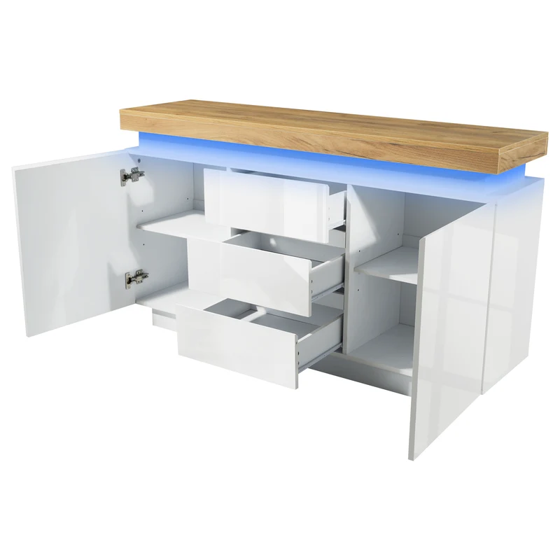 Buffet moderne blanc brillant avec éclairage LED réglable, 2 portes et 3 tiroirs COENOSTEUM
