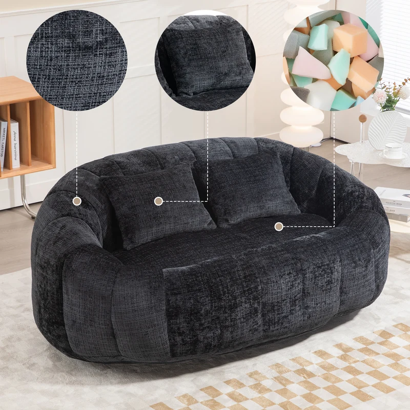 Canapé compact rond 2 places Loveseat en chenille noir anthracite et 2 cousins FISSURE