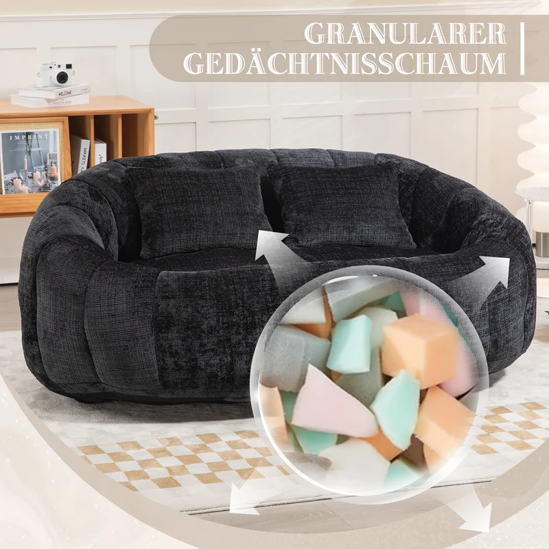 Canapé compact rond 2 places Loveseat en chenille noir anthracite et 2 cousins FISSURE