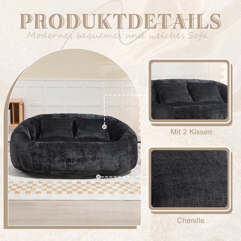 Canapé compact rond 2 places Loveseat en chenille noir anthracite et 2 cousins FISSURE