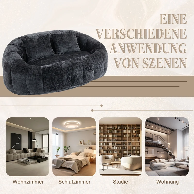 Canapé compact rond 2 places Loveseat en chenille noir anthracite et 2 cousins FISSURE