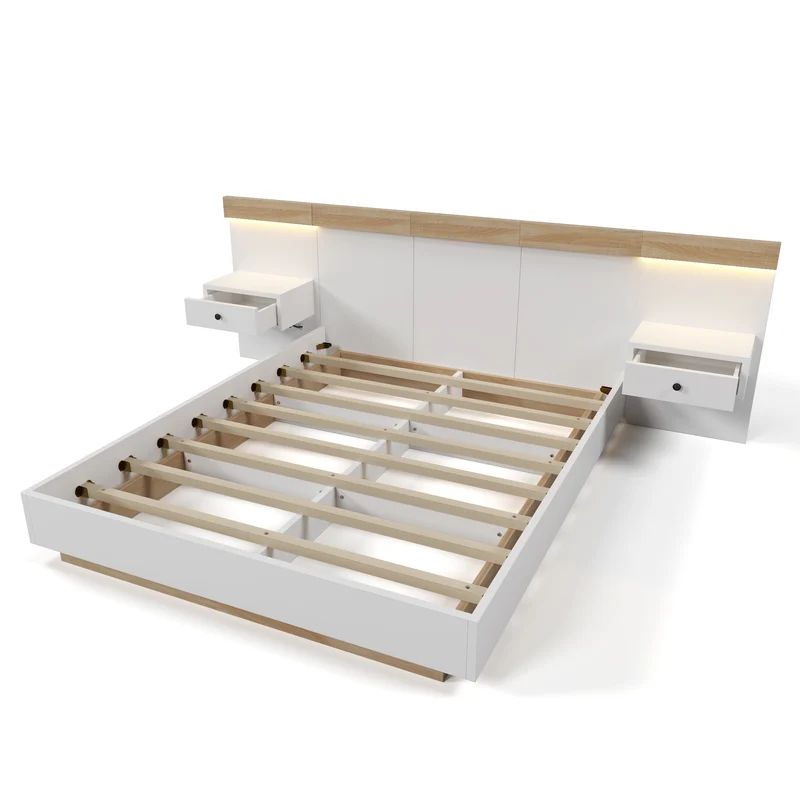 Ensemble de lit queen blanc et effet bois avec 2 tables de chevet, prise et lamps 160*200cm (matelas non inclus) CATALYST