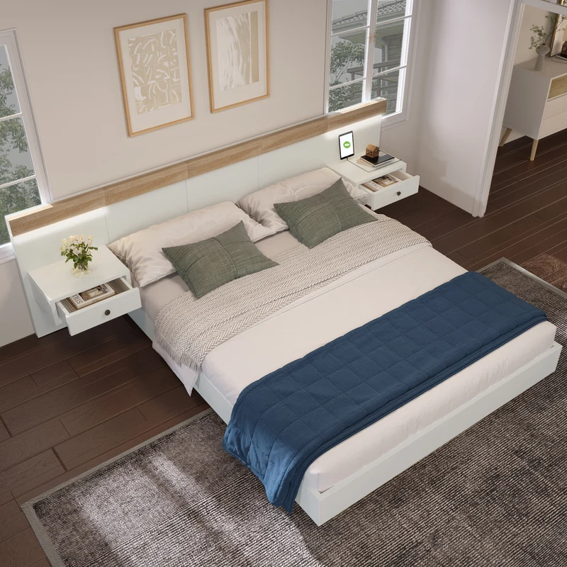 Ensemble de lit queen blanc et effet bois avec 2 tables de chevet, prise et lamps 160*200cm (matelas non inclus) CATALYST