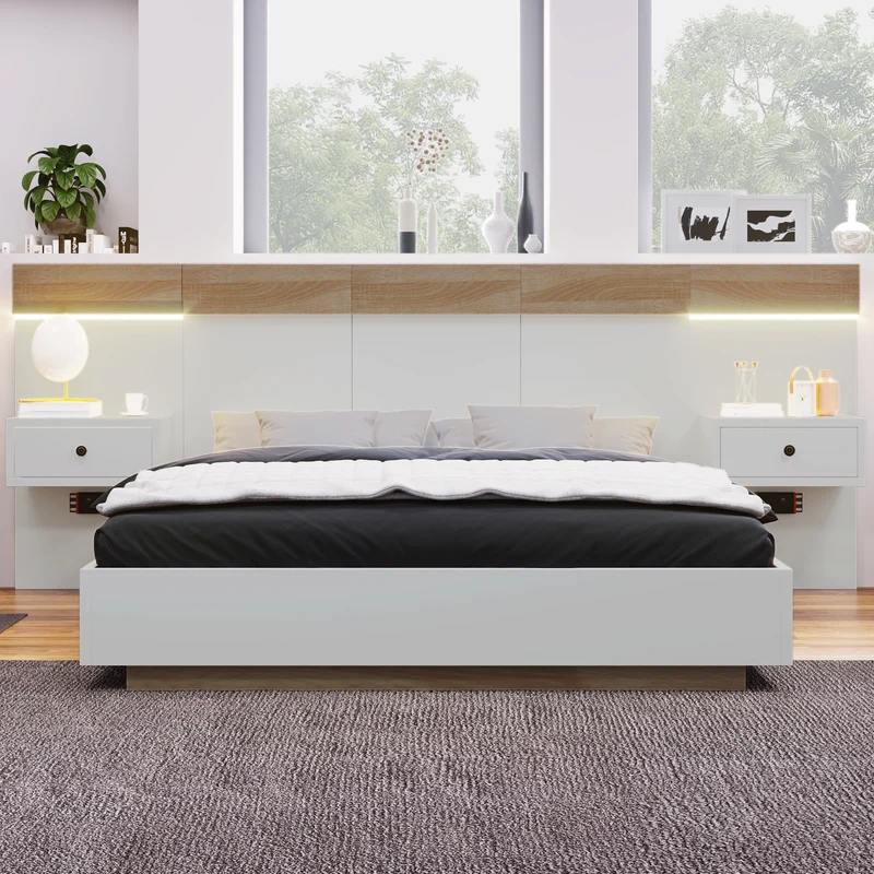 Ensemble de lit queen blanc et effet bois avec 2 tables de chevet, prise et lamps 160*200cm (matelas non inclus) CATALYST