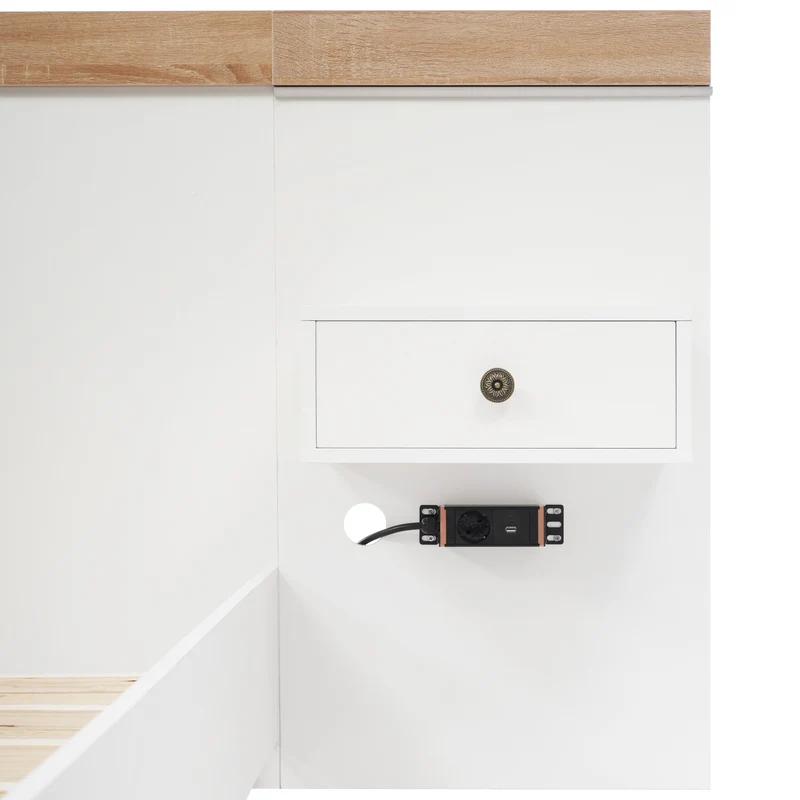 Ensemble de lit queen blanc et effet bois avec 2 tables de chevet, prise et lamps 160*200cm (matelas non inclus) CATALYST