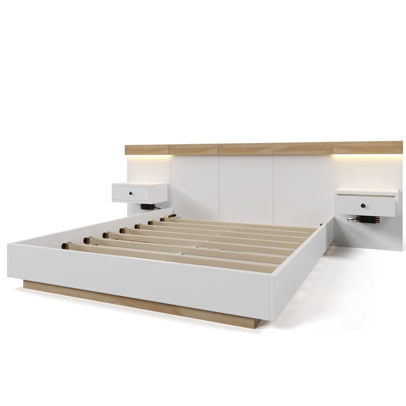 Ensemble de lit queen blanc et effet bois avec 2 tables de chevet, prise et lamps 160*200cm (matelas non inclus) CATALYST
