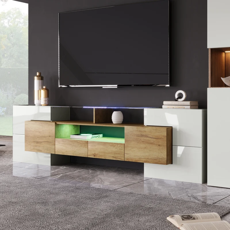 Meuble TV élégant blanc brillant éclairage LED, meuble de salon Design moderne surface en verre KARKRANS