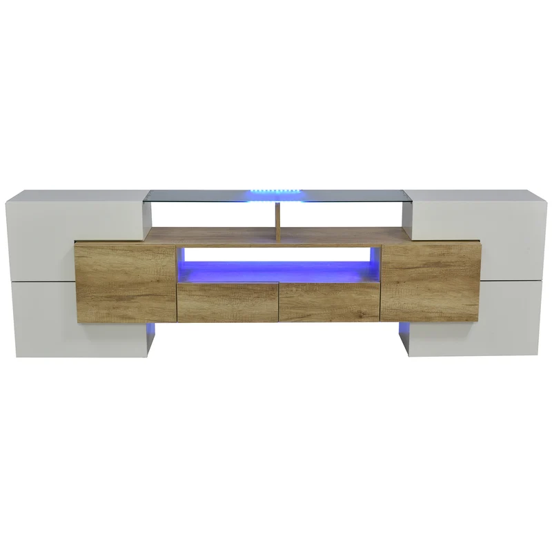 Meuble TV élégant blanc brillant éclairage LED, meuble de salon Design moderne surface en verre KARKRANS