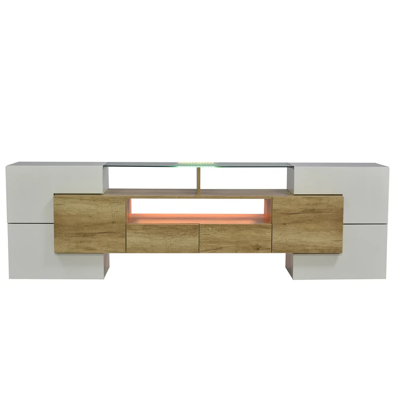 Meuble TV élégant blanc brillant éclairage LED, meuble de salon Design moderne surface en verre KARKRANS