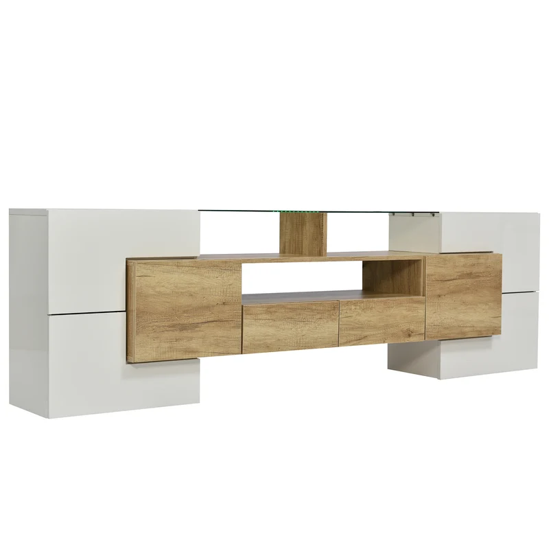 Meuble TV élégant blanc brillant éclairage LED, meuble de salon Design moderne surface en verre KARKRANS