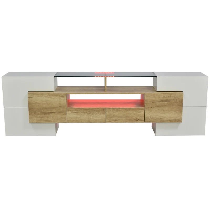 Meuble TV élégant blanc brillant éclairage LED, meuble de salon Design moderne surface en verre KARKRANS