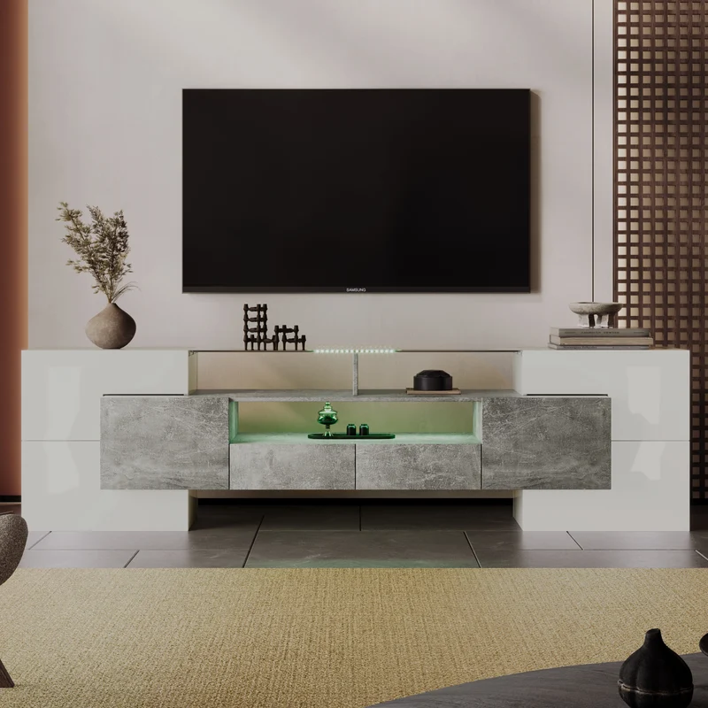Meuble TV élégant blanc brillant et effet ciment éclairage LED surface en verre STOTTIN