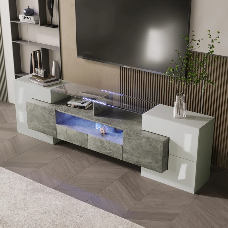 Meuble TV élégant blanc brillant et effet ciment éclairage LED surface en verre STOTTIN