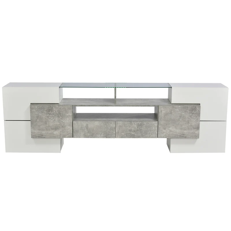 Meuble TV élégant blanc brillant et effet ciment éclairage LED surface en verre STOTTIN