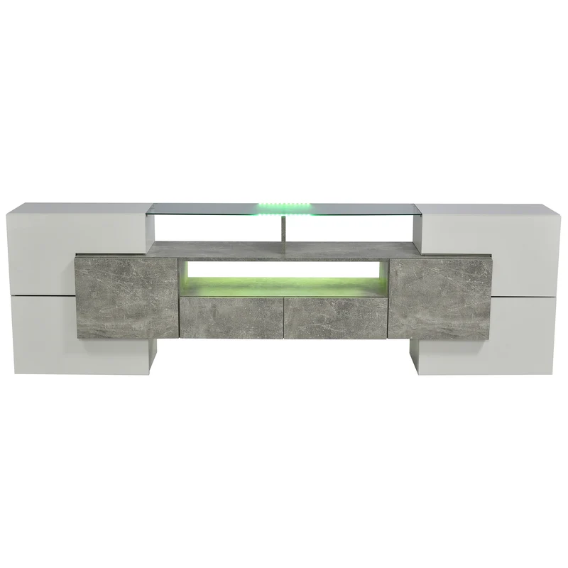 Meuble TV élégant blanc brillant et effet ciment éclairage LED surface en verre STOTTIN