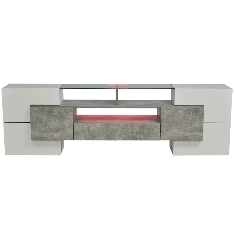 Meuble TV élégant blanc brillant et effet ciment éclairage LED surface en verre STOTTIN
