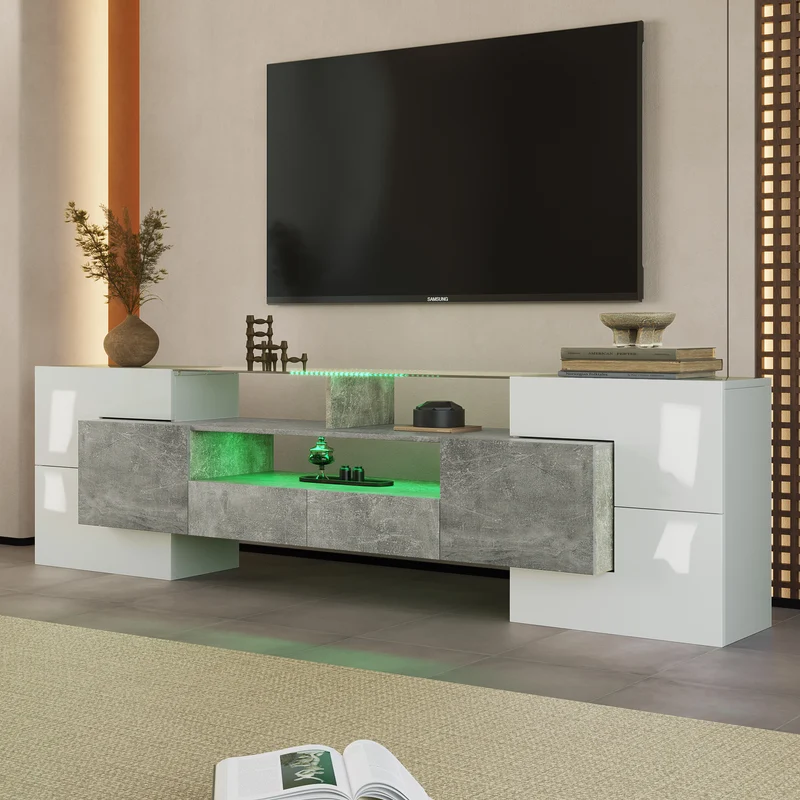 Meuble TV élégant blanc brillant et effet ciment éclairage LED surface en verre STOTTIN