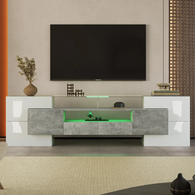 Meuble TV élégant blanc brillant et effet ciment éclairage LED surface en verre STOTTIN