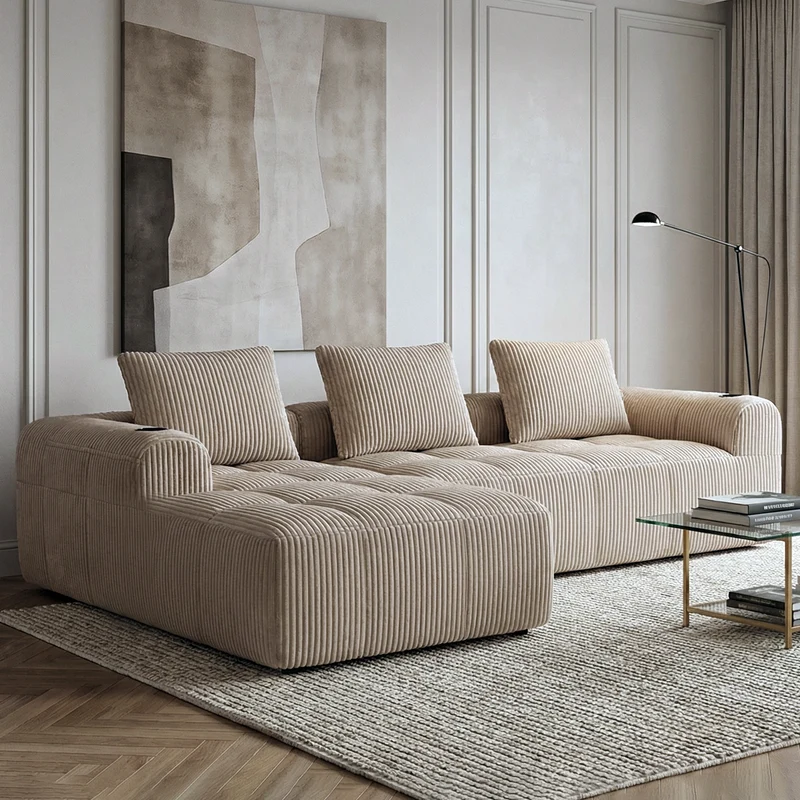 Canapé modulaire compact en velours côtelé beige avec porte-gobelets et poches latérales - convertible 4 places avec 3 coussins inclus SLOUGHSLUDGE