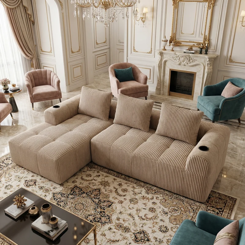 Canapé modulaire compact en velours côtelé beige avec porte-gobelets et poches latérales - convertible 4 places avec 3 coussins inclus SLOUGHSLUDGE