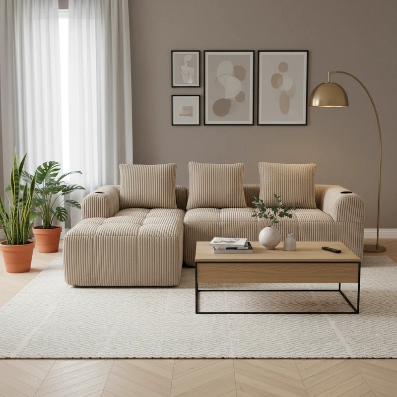 Canapé modulaire compact en velours côtelé beige avec porte-gobelets et poches latérales - convertible 4 places avec 3 coussins inclus SLOUGHSLUDGE