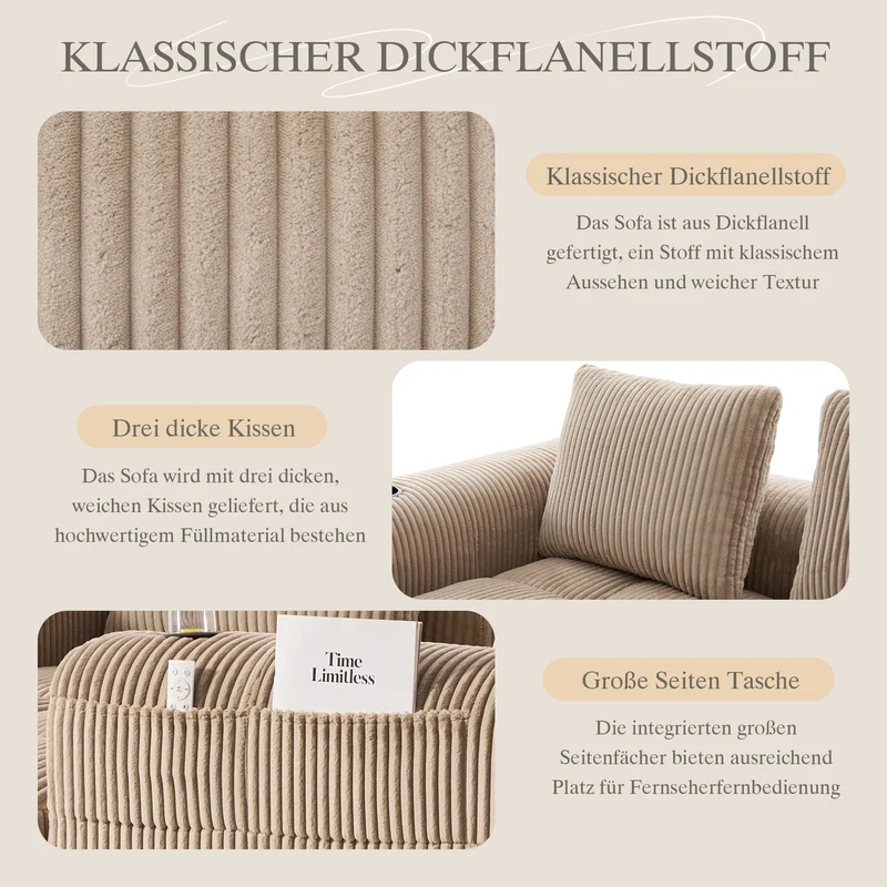 Canapé modulaire compact en velours côtelé beige avec porte-gobelets et poches latérales - convertible 4 places avec 3 coussins inclus SLOUGHSLUDGE