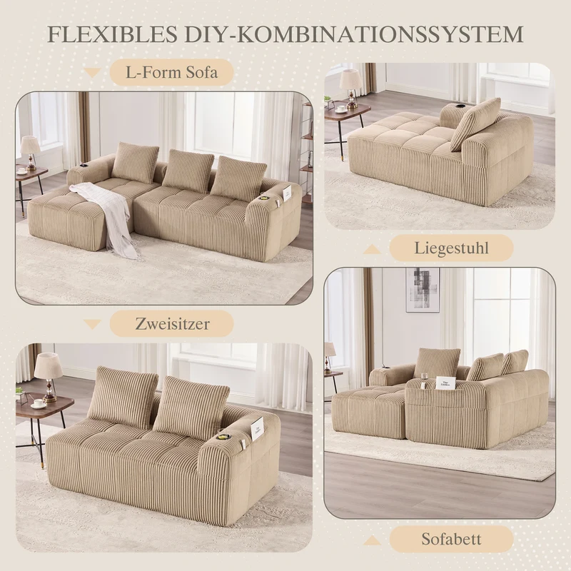 Canapé modulaire compact en velours côtelé beige avec porte-gobelets et poches latérales - convertible 4 places avec 3 coussins inclus SLOUGHSLUDGE