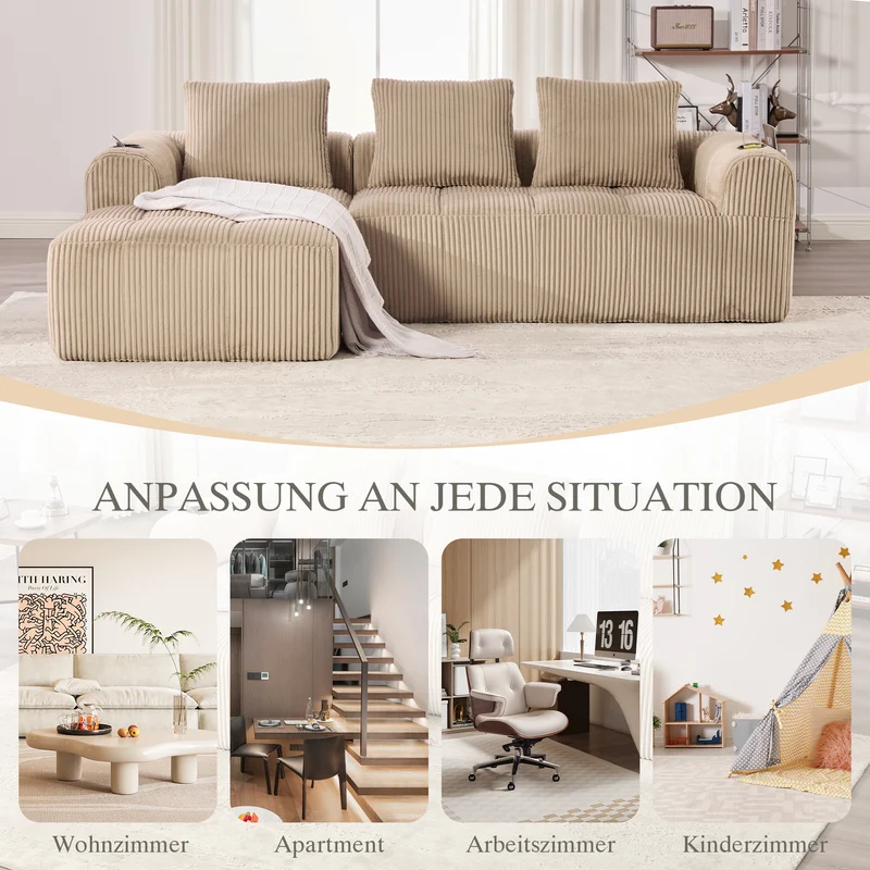 Canapé modulaire compact en velours côtelé beige avec porte-gobelets et poches latérales - convertible 4 places avec 3 coussins inclus SLOUGHSLUDGE