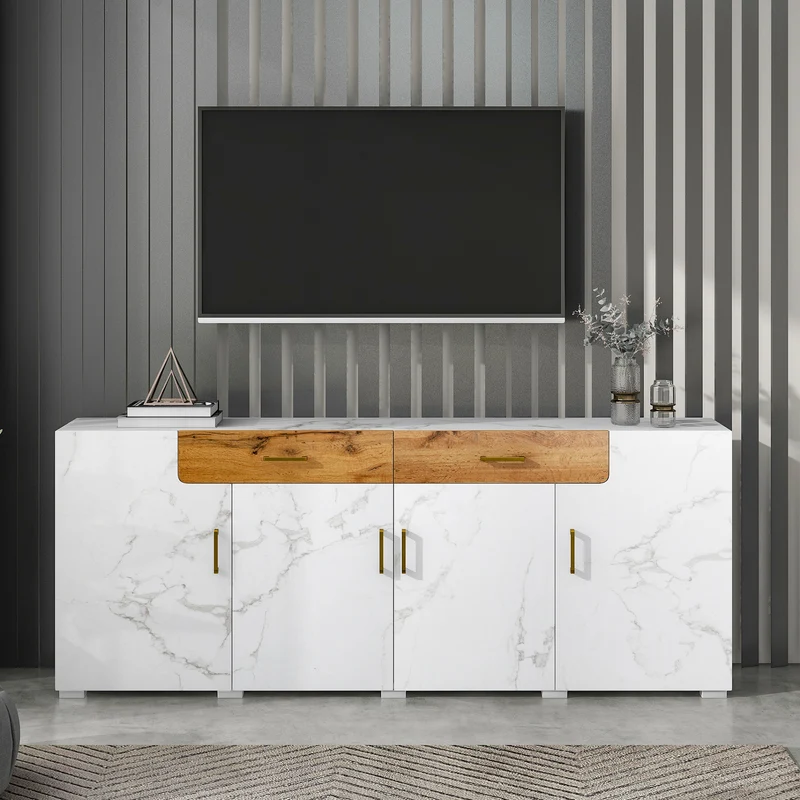 Buffet blanc effet marbre 4 portes 2 tiroirs 208x39,5x80cm ELAD