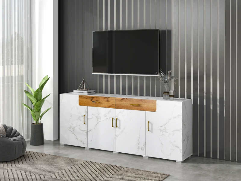 Buffet blanc effet marbre 4 portes 2 tiroirs 208x39,5x80cm ELAD