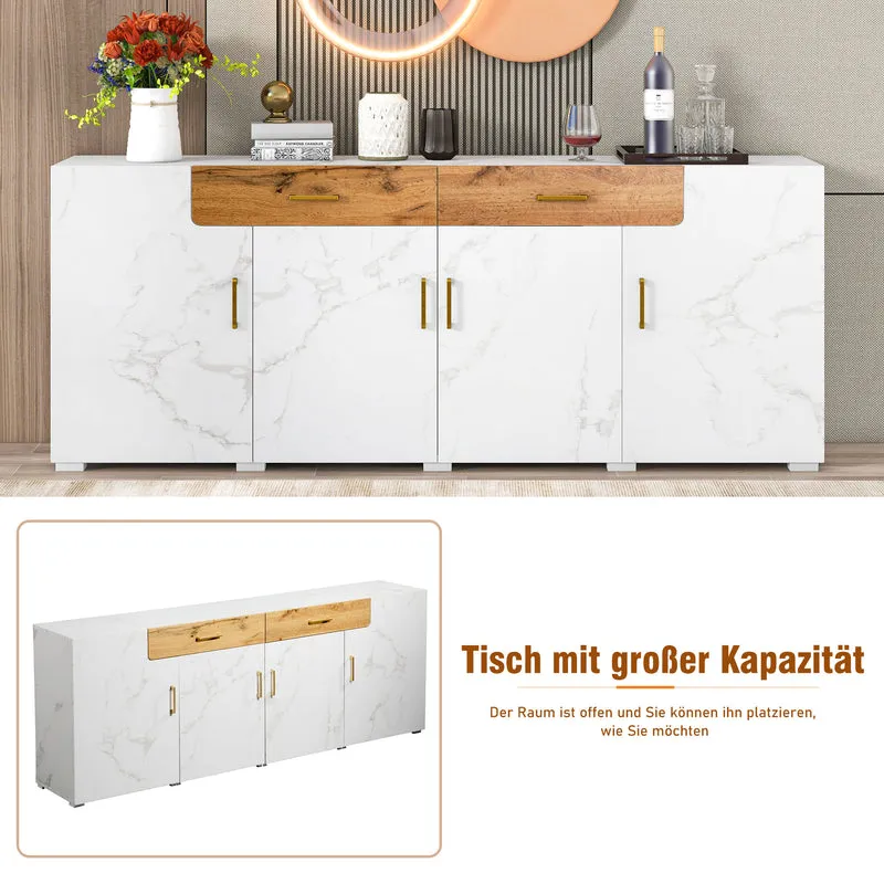 Buffet blanc effet marbre 4 portes 2 tiroirs 208x39,5x80cm ELAD
