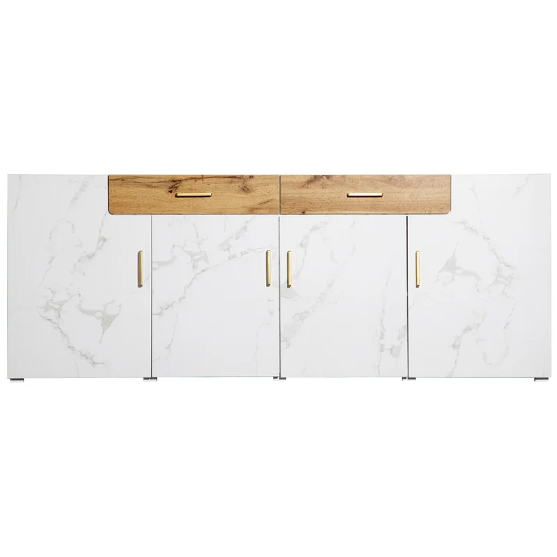 Buffet blanc effet marbre 4 portes 2 tiroirs 208x39,5x80cm ELAD