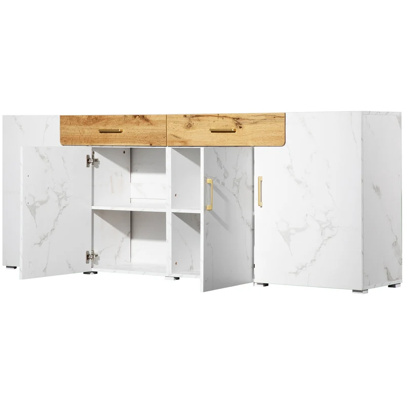 Buffet blanc effet marbre 4 portes 2 tiroirs 208x39,5x80cm ELAD