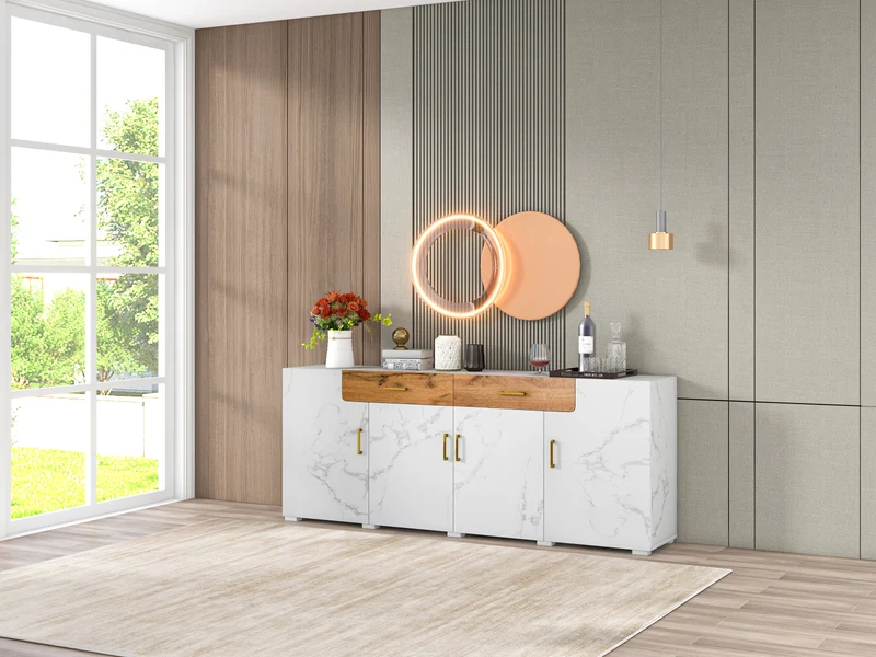 Buffet blanc effet marbre 4 portes 2 tiroirs 208x39,5x80cm ELAD