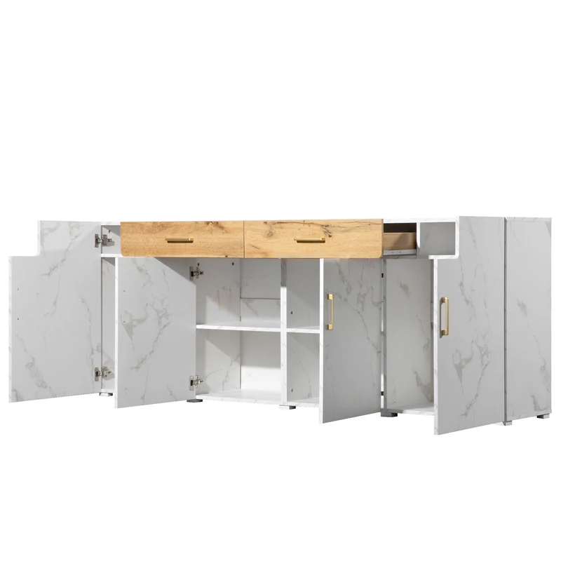 Buffet blanc effet marbre 4 portes 2 tiroirs 208x39,5x80cm ELAD